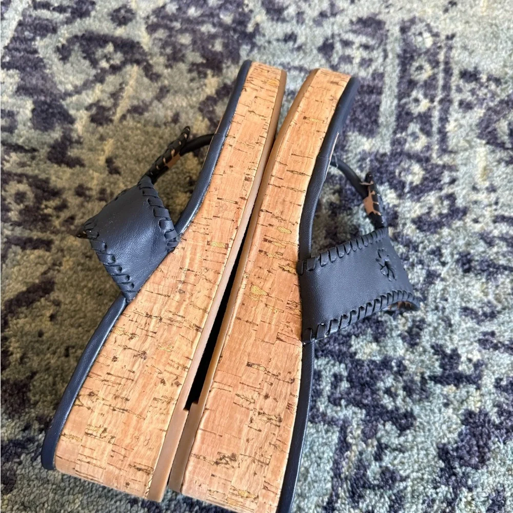 Jack Rodger’s NWOT Navy Blue Wicker Floral Thong Mid Wedge Sandal Cork Size 8 - Picture 5 of 8